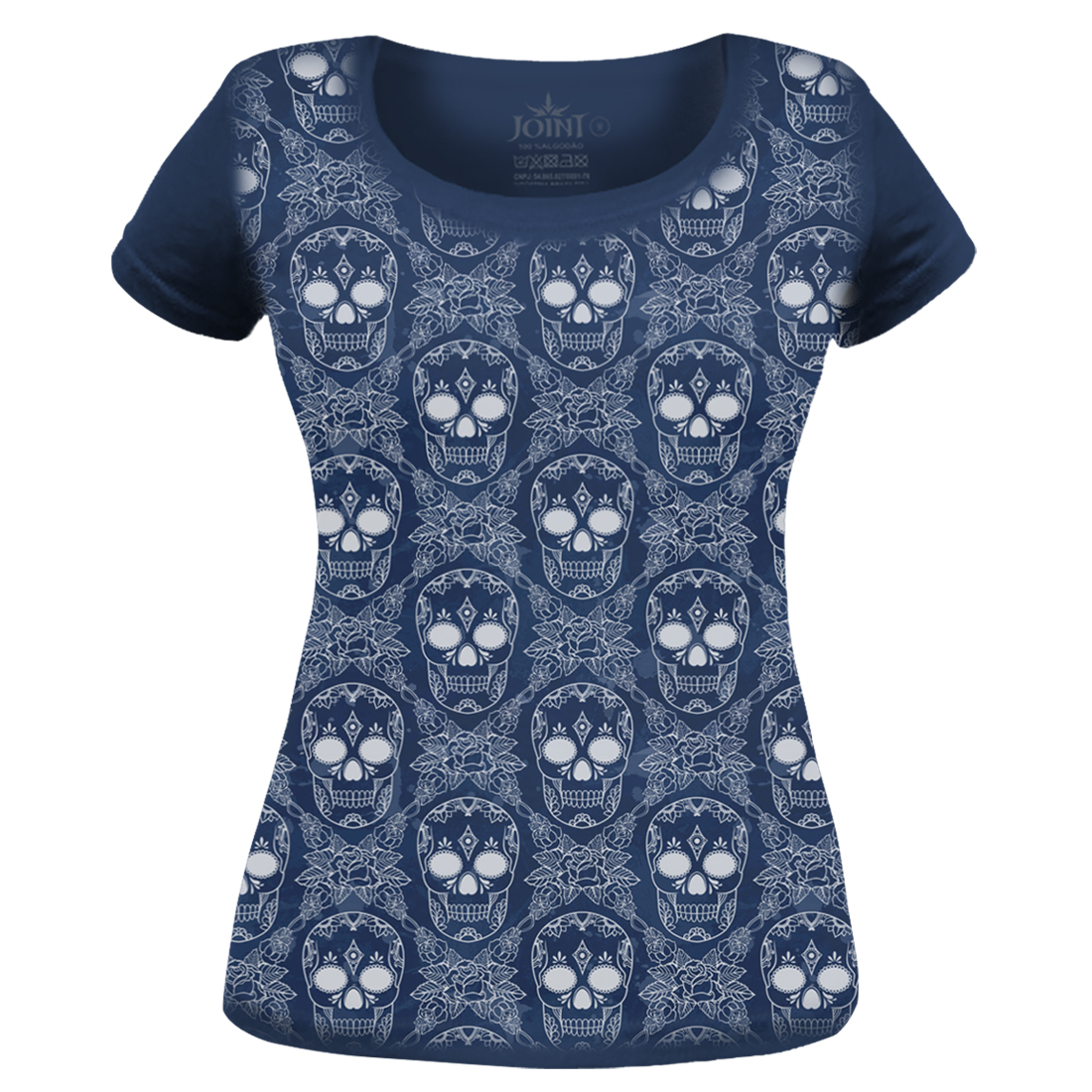 Camiseta Feminina Multi Caveirinhas Malha Azul